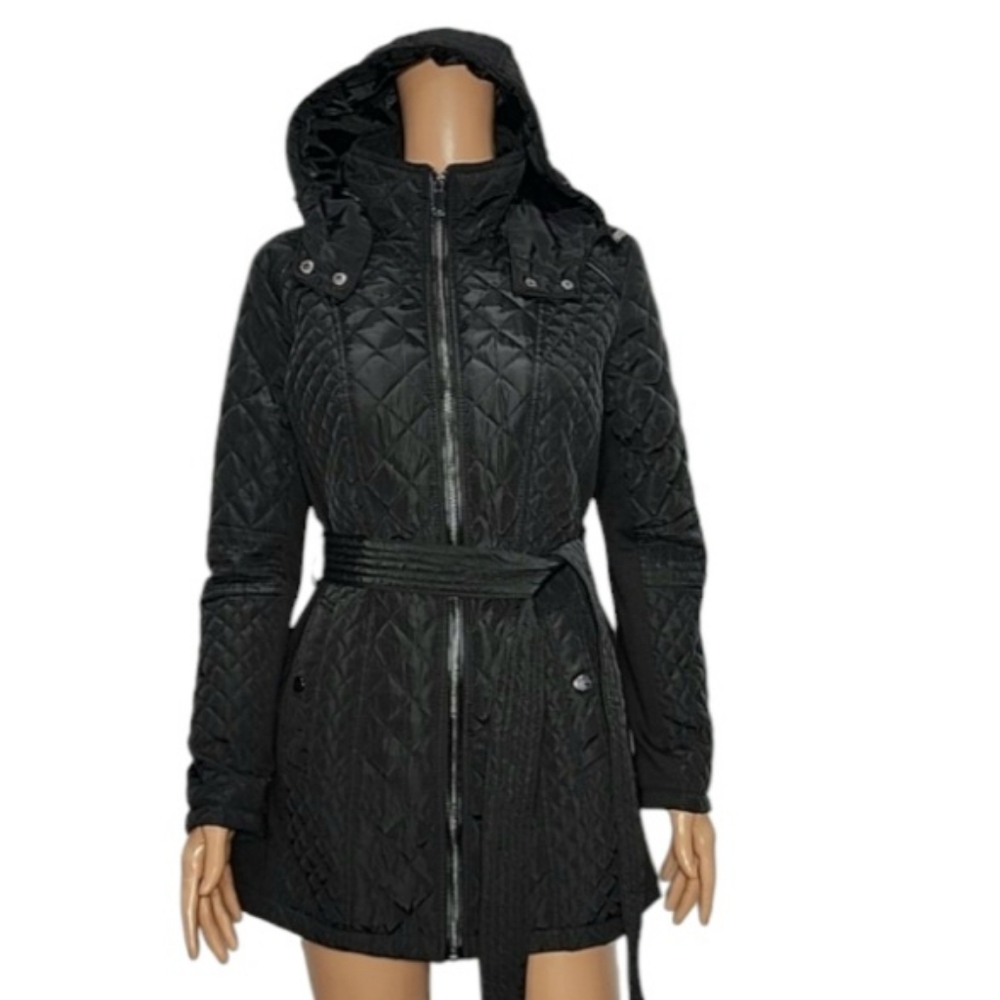 Sebby Women's Full Zip Black Quilted Hooded Mid Jacket Belt‎ Size M Medium